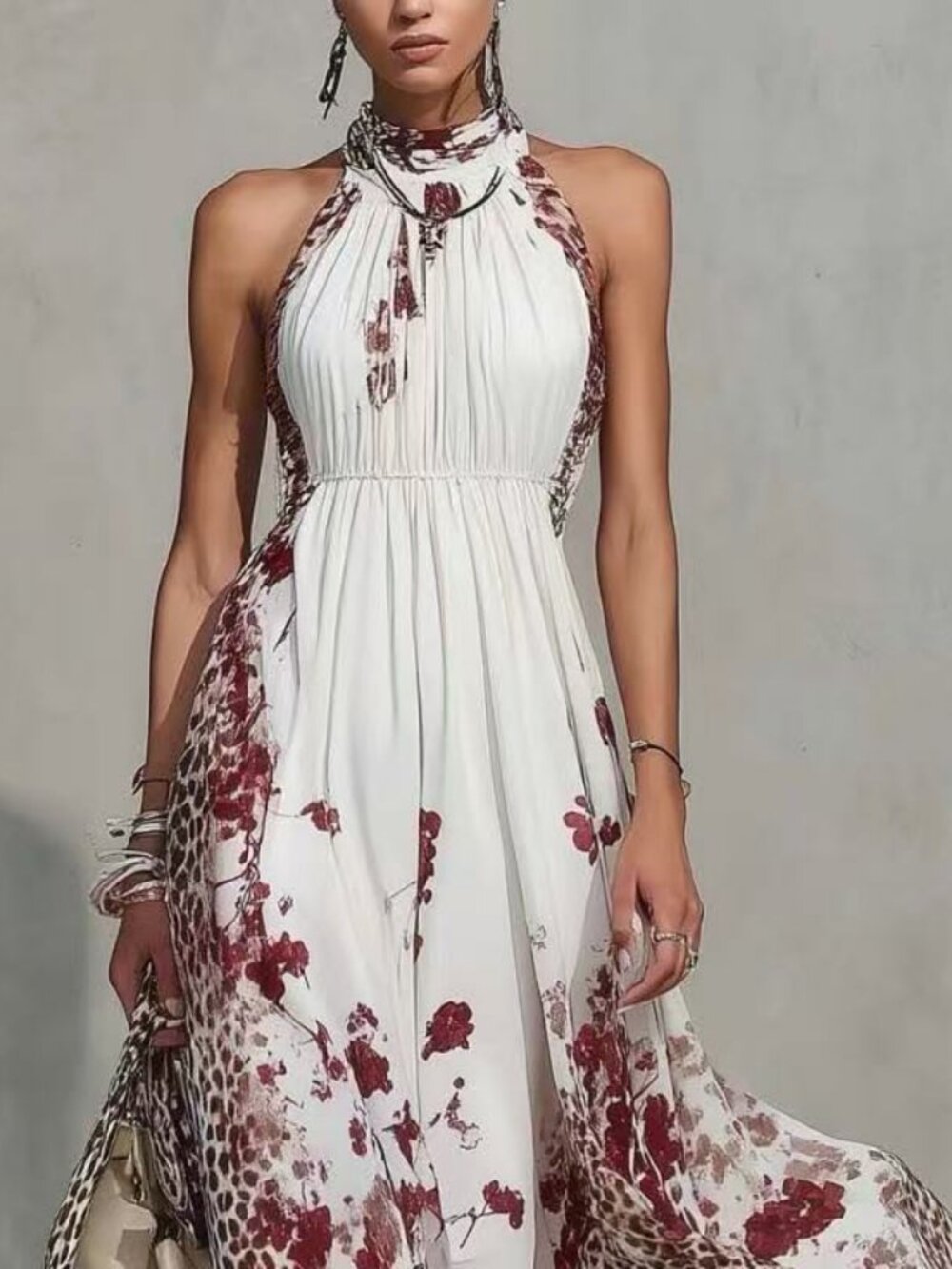 Zimmermann Bohemian Halter Maxi Dress in White with Burgundy Floral & Leopard - Picture 4 of 4